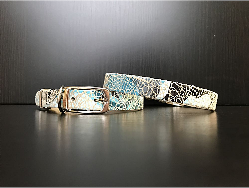 Blue Abstract - Leather Dog Collar - Size S